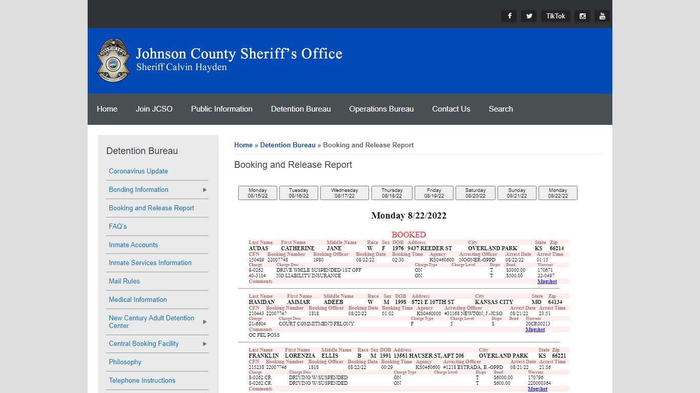 Booking and Release Report | Johnson County Sheriff